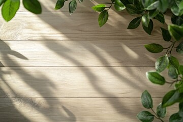 Wall Mural - Sunlight streams through green leaves onto light wood surface.