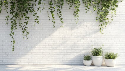 Wall Mural - White brick wall with climbing plants and potted herbs in sunlight.