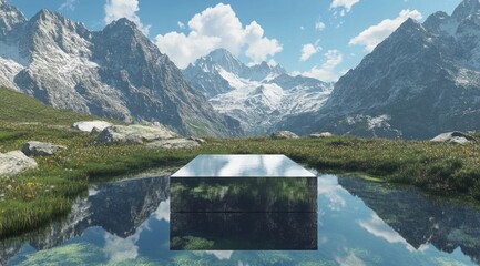 Wall Mural - Reflective cube in alpine lake, majestic mountain backdrop.