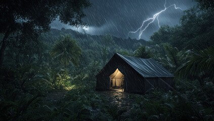 Sticker - A large military-style tent illuminated from within sits in a lush, tropical rainforest during a dramatic thunderstorm at night.