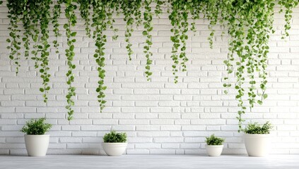 Wall Mural - White brick wall with hanging and potted green plants.