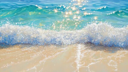 Wall Mural - Sparkling ocean waves crashing on a sandy beach.