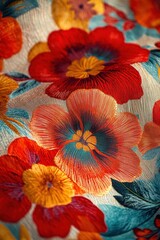 Wall Mural - Close-up of vibrant embroidered flowers on fabric.