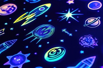 Poster - Colorful space themed stickers featuring rockets, planets, and stars on a dark background. Generative AI