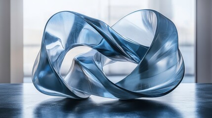 Poster - A modern, twisting glass sculpture with a smooth, reflective surface, elegantly displayed against a bright, minimalistic background.
