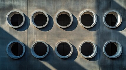 Wall Mural - Geometric pattern of circular openings on a concrete wall, cast shadows.