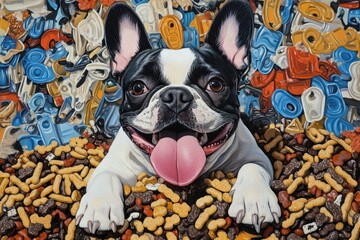 Wall Mural - Happy French Bulldog surrounded by dog treats and toys.