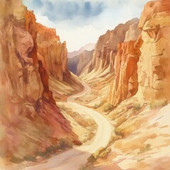 Wall Mural - Winding road through a sunlit canyon surrounded by tall red rock formations during a serene afternoon. Generative AI