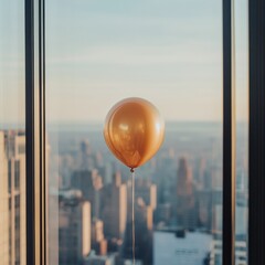 Canvas Print - Gold balloon floats near a large window overlooking a cityscape at sunset.