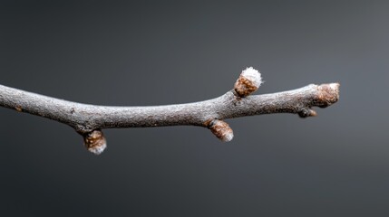 Frosty tree branch, buds, spring, grey background, nature
