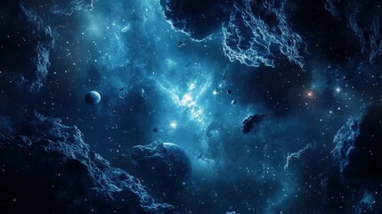 Poster - Cosmic wonder filled with vibrant blue tones and swirling clouds of space and celestial bodies. Generative AI