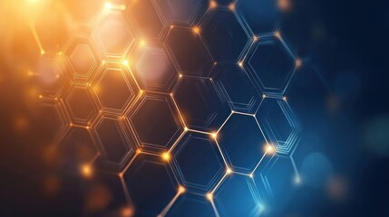 Poster - Abstract representation of interconnected hexagonal shapes glowing with light, set against a dark background, suggesting technology and innovation
