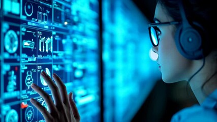 Woman with Headphones Analyzing Data on Large Screen