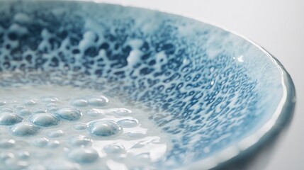 Poster - Close-up view of a textured blue ceramic plate with water droplets, highlighting its unique design and artistic features