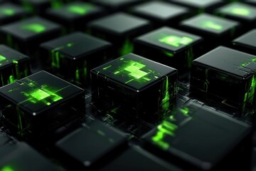 Aufkleber - Abstract close-up of glowing green and black digital blocks arranged in a grid, suggesting technology and innovation in a futuristic setting