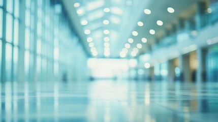 Poster - A blurred perspective of a modern hallway with soft lighting, showcasing a spacious environment, ideal for architectural themes