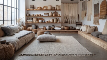 Poster - A cozy, minimalist living room featuring natural materials, soft textures, and warm tones, accented by shelves filled with decorative items.