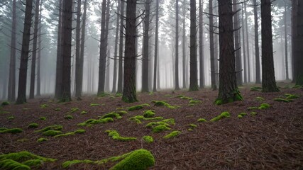 Poster - Forest with mist and mossy ground, serene atmosphere. Nature and tranquility concept