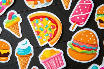 Leinwandbilder - Playful food stickers featuring vibrant pizza slices and colorful desserts scattered on a wooden surface. Generative AI