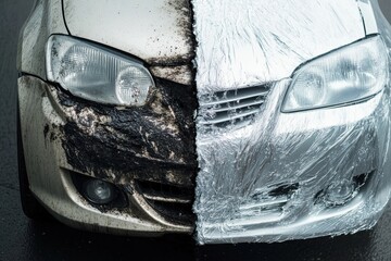 Poster - Comparing the differences between a dirty scratched car and a shiny polished vehicle showcasing the effects of maintenance. Generative AI