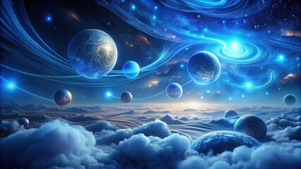 Wall Mural - a celestial tapestry of planets, nebulae, and serene cloudscapes in a dreamlike cosmic vista