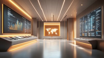 Poster - a modern, high-tech room featuring large screens displaying data and a world map, illuminated with w