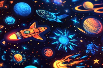 Aufkleber - Colorful space themed stickers featuring rockets and planets on a dark background in artistic design. Generative AI