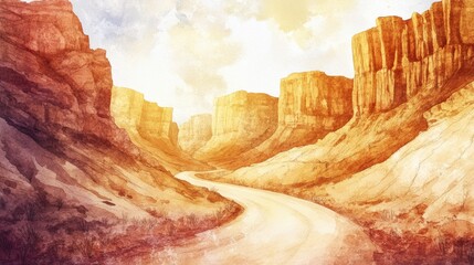 Wall Mural - Winding road through golden canyons under a bright sky at sunset in a serene desert landscape. Generative AI