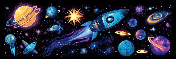 Poster - Colorful space themed stickers featuring planets, rockets, and stars for decorating crafts and more. Generative AI