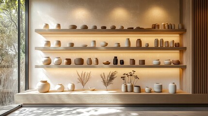 Poster - A minimalist shelf displays various pottery pieces and dried flowers, illuminated by soft lighting, creating a serene and artistic ambiance.