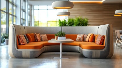 Poster - A modern seating area with an orange-accented sofa, a minimalist table, and vibrant plants, offering a stylish and inviting atmosphere.