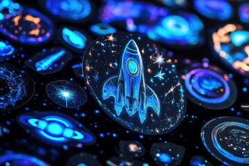 Poster - Colorful stickers featuring space themes with rockets and planets on a dark background. Generative AI