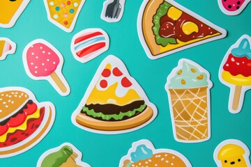 Poster - Playful food stickers showcase fun designs of pizza, ice cream, burgers, and more in colorful arrangement. Generative AI