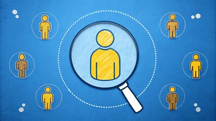 Poster - A blue background with a yellow magnifying glass and a group of people