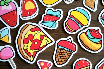 Aufkleber - Playful food stickers with pizza slices, ice cream, and colorful sweets on a wooden surface. Generative AI