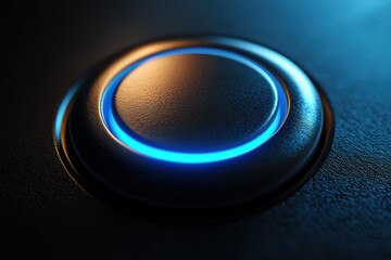 Poster - Close-up of a glowing blue button on dark surface. Ideal for technology, innovation, and future concepts.