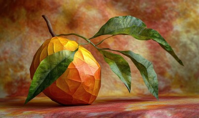 Wall Mural - A vibrant, handcrafted orange fruit sculpture with green leaves against a colorful, textured background