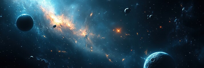 Poster - Colorful cosmic scene featuring nebula, stars, and planets in a vast starry sky. Generative AI