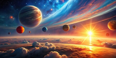 Wall Mural - a majestic sunrise over a planetary system with vivid colors and a breathtaking celestial display
