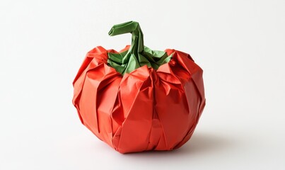 Wall Mural - A vibrant origami pumpkin with a green stem, showcasing intricate folds against a clean backdrop