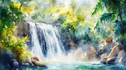 Poster - Waterfall cascading into serene pool surrounded by lush greenery in a vibrant tropical landscape during daylight hours. Generative AI