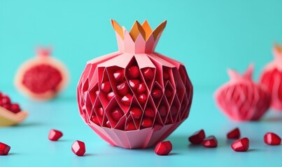 Wall Mural - A vibrant paper art representation of a pomegranate with scattered seeds against a blue background