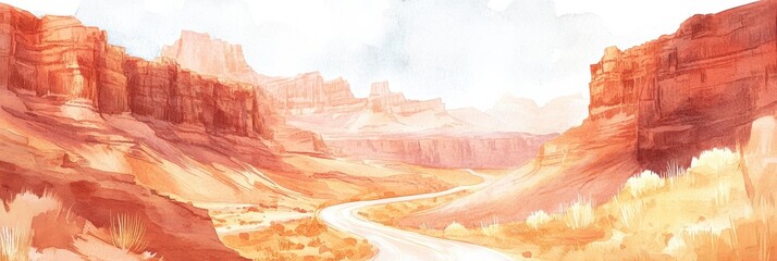 Fototapete - Serene desert landscape with winding road and distant red rock formations during a peaceful afternoon. Generative AI