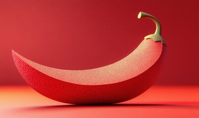 Wall Mural - A vibrant, stylized red banana placed on a smooth red surface, showcasing its unique texture and color