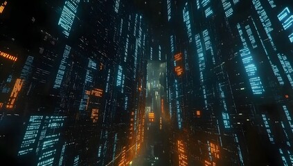 Futuristic digital city alleyway with glowing code