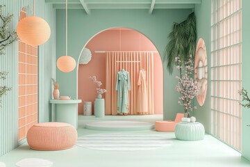 Poster - A stylish interior featuring a blend of mint green and peach tones, accented by modern decor and soft textures, creating a serene, inviting atmosphere.