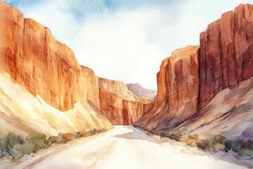 Wall Mural - Vibrant watercolor landscape depicting a winding road between towering red rock formations in a serene natural setting. Generative AI