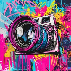 Poster - camera graffiti: a vibrantly illustrated camera is set against a backdrop of vivid, dynamic graffiti