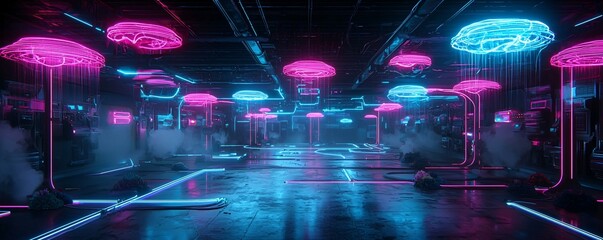 Poster - Digital utopia where humans and AI coexist in a dreamy, glowing landscape, filled with floating islands, radiant pathways, and transparent structures that change color with emotion, high-tech