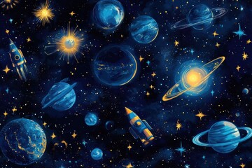 Poster - Colorful space themed stickers featuring planets, stars, and rockets in a captivating cosmic design. Generative AI